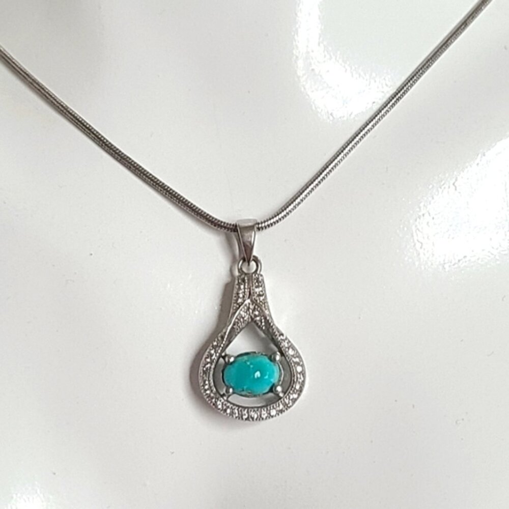 Vintage Boho Sterling Silver Crystal Green Turquoise Drop Pendant Chain Necklace
